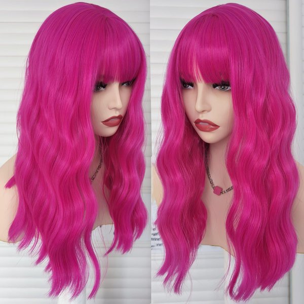 curldiva Hot Pink Wig with Bangs 16 Inch Natural Wave Synthetic Hair Wigs for Women Daily Wearing Shoulder Length Colorful Cosplay Fuchsia Hair Color Halloween Wig