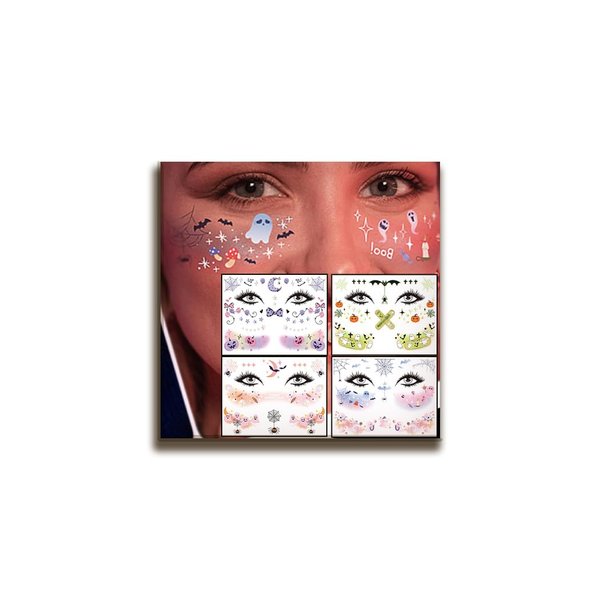 Coridy 4pcs Halloween Face Fake Stickers Cute Ghost Bat Spider Moon Temporary Tattoo Kit Cute Cartoon Makeup Set for women