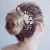 CASOLVX Bridal Ceramic Flower Hair Comb Crystal Headside Comb Set Rice Bead U-shaped Hairpin Wedding Accessories for Bride and Bridesmaids 3PCS