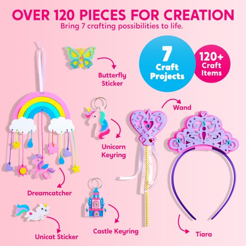 Klever Kits Unicorn DIY Craft Kit for 7 Crafts Projects, Make Your Own Unicorn Art, Castle, Dreamcatcher, Tiara, Wand, Birthday Gift, Craft Kits for Kids Ages 5+