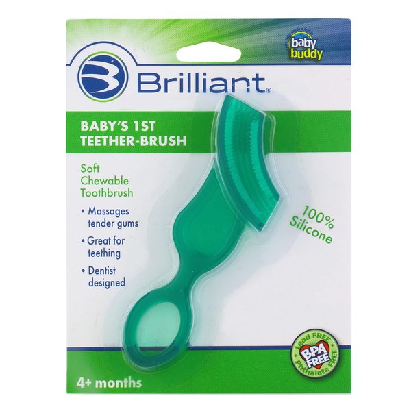 Brilliant Oral Care Baby’s First Toothbrush, Smooth Silicone Bristles Gently Clean Tender Teeth and Gums, for Ages 4+ Months, Green, 1 Pack