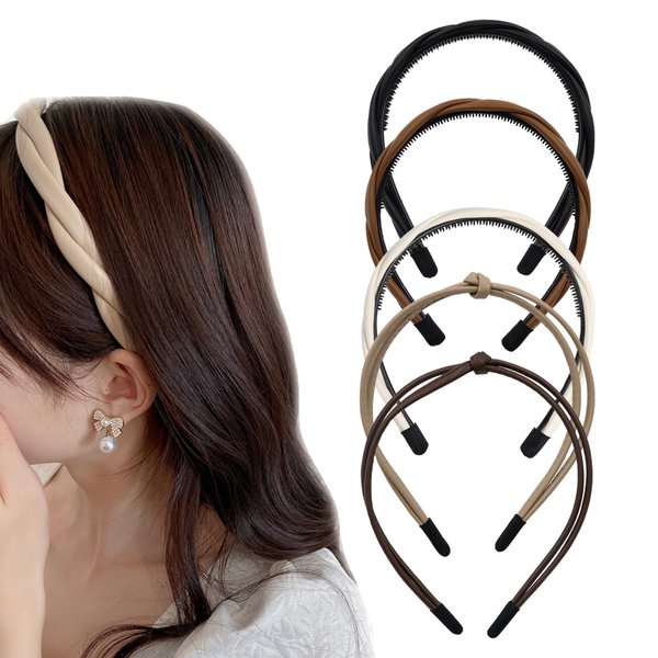 ACOSIY 5Pcs Leather Headbands for Women, Knotted Headbands, Twisted Headband with Teeth, Fashion Head Bands for Women's Hair, Thin Headbands for Women, Knot Non Slip Hair Bands (5 Colors, 4.5 Inch)