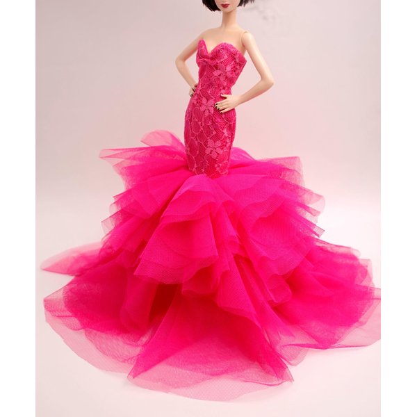 [Handmade Dress Fit for 12" Doll] Cora Gu Classic Fuchsia Embroidery Mermaid Dress/Wedding Gowns Fit for 12" Fashion Doll [Doll's not Included]