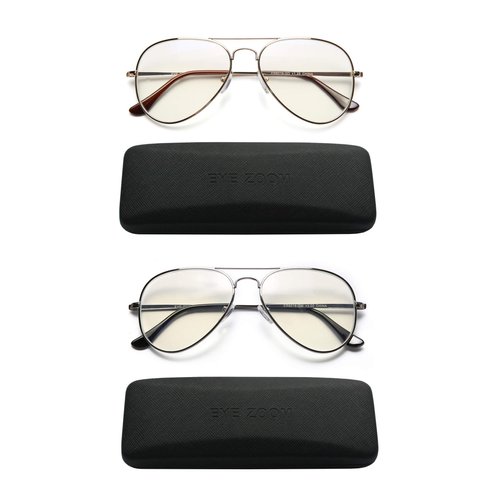 EYE ZOOM 2 Pack Blue Light Blocking Readers Aviator Style Anti Blue Ray and UV Reading glasses,Gold, Gunmetal,+1.75