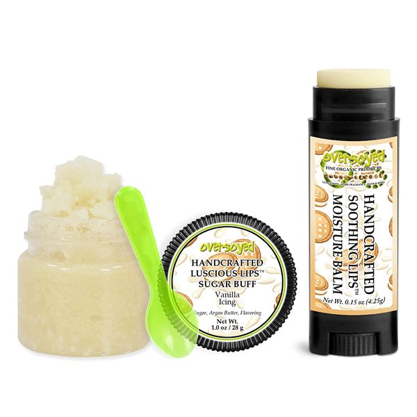 Vanilla Icing Soothing & Luscious Lips by OverSoyed Exfoliator & Chapped Lip Repair Lip Care Combo | Artisan Handcrafted to Order Creamy Decadent Vanilla Flavored Exfoliating Sugar Lip Scrub & Lip Moisturizer Balm Gift Set