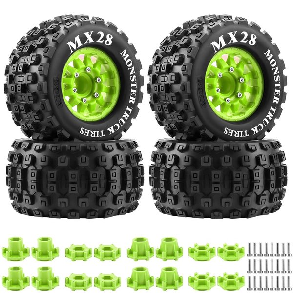 GLOBACT MX28 F/R 2.8" MT Tires with 12mm/14mm Hex Adapter for ARRMA Big Rock Granite VORTEKS 3S TRAXXAS Stampede Rustler 1/10 RC Truck Car 4PCS (Green)
