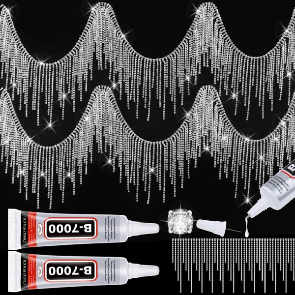 Tetutor Rhinestone Fringe with B7000 Glue, 1 Yard Sparkle Rhinestone Trim Rhinestone Fringe Belt Rhinestone Fringe Trim, Sliver Diamond Fringe Rhinestone Tassel Chain for Jeans Clothing DIY