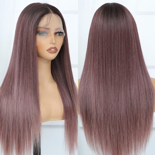 Raxylll Ombre Purple Synthetic Lace Front Wigs Straight Heat Resistant Natural Hairline Fiber Hair Glueless Lace Wigs for Women 26 inch