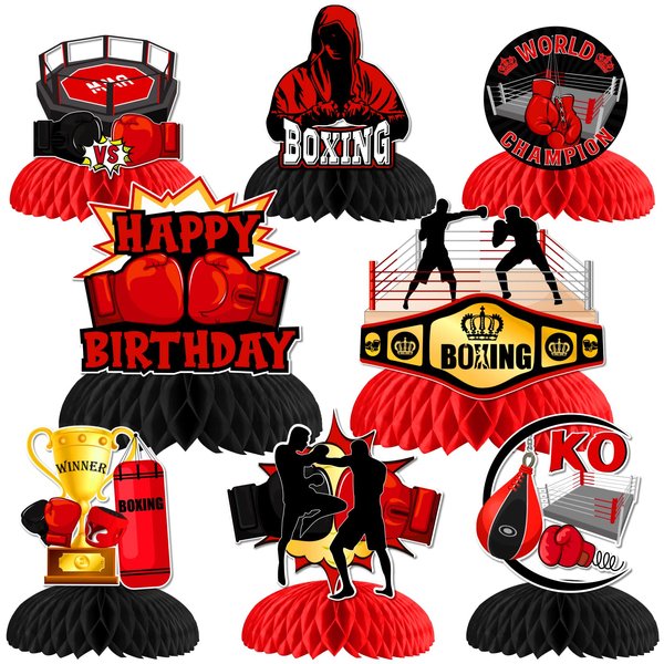 JOYMEMO 8 Pieces Boxing Birthday Honeycomb Centerpieces - Boxing Match Birthday Party Decorations Red Black Gold, Boxer Gloves Boxing Platform Table Decor for Wrestle Fitness Fight Sports Party