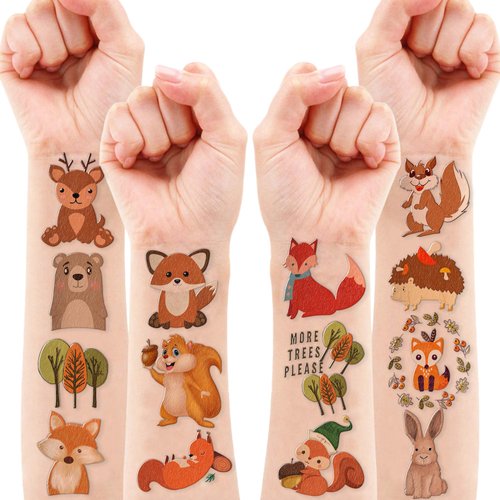 Woodland Temporary Tattoos Birthday Party Supplies Decorations 96PCS Tattoos Stickers Super Cute Fall Party Favors Kids Girls Boys Gifts Classroom School Prizes Themed Christmas