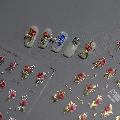 Dedyel Rose Nail Art Stickers 5D Embossed Rose Nail Stickers Self-Adhesive Spring Summer Flower Red White Blue Rose Design for Women Girls DIY Nail Decoration