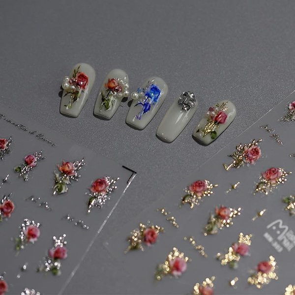 Dedyel Rose Nail Art Stickers 5D Embossed Rose Nail Stickers Self-Adhesive Spring Summer Flower Red White Blue Rose Design for Women Girls DIY Nail Decoration