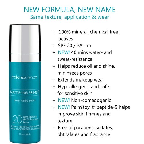 Colorescience Mattifying Perfector Face Primer, Water Resistant Mineral Sunscreen, Broad Spectrum 20 SPF UV Skin Protection, 1 Fl oz