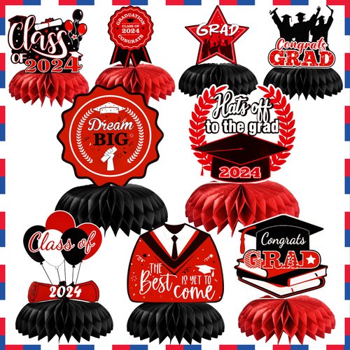 2024 Graduation decorations party centerpieces Class of 2024, 9pcs Graduation decoration party table Honeycomb Centerpieces decor Congrats Grad Party Supplies(Red)