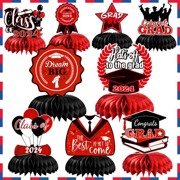 2024 Graduation decorations party centerpieces Class of 2024, 9pcs Graduation decoration party table Honeycomb Centerpieces decor Congrats Grad Party Supplies(Red)