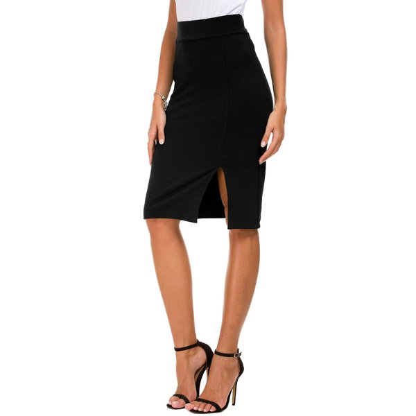 Women's Knee Length Stretch Pencil Skirt High Waisted Bodycon Midi Straight Skirt (XL, Black)