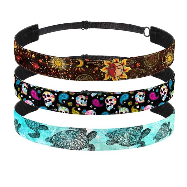 WIRESTER Set of 3 Elastic Fashion Headbands, Adjustable Hair Bands, Cute Non-Slip Hair Accessories for Women Girls - Sea Turtle, Celestial Sun Moon And Stars, Colorful Sugar Skulls