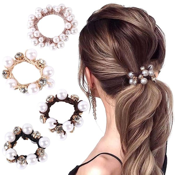 Pearl Rhinestone Hair Ties Elastic Hair Scrunchies Pearl Hair Ropes Stretchy Beaded Rubber Bands Ponytail Holder for Women Girls Accessories Set