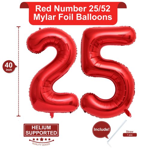 40 Inch Red 25 Number Balloons Giant Jumbo Huge 25 or 52 Foil Mylar Helium Number Digital Balloons Red Birthday Mylar Digital Balloons 25 Birthday Party 25th Anniversary Events Party Decorations