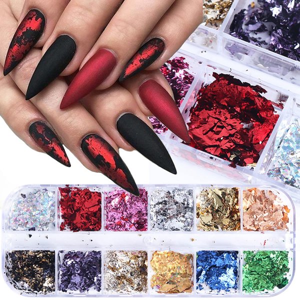 12 Grids Nail Art Foil Flakes 3D Holographic Nail Art Foil Glitter Sequins Confetti Gold Silver Pink Green Red Irregular Glitter Mirror Effect Nail Foil for Women Girls Acrylic Nail Decorations Charms