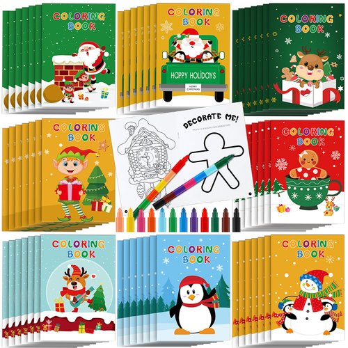 Zhanmai 64 Pcs Christmas Coloring Book with Stacking Crayons for Kids Bulk Santa Claus Snowman Elk Penguin Elf Gingerbread Holiday Activity Book for Kids Christmas Activities Party Favors Gifts
