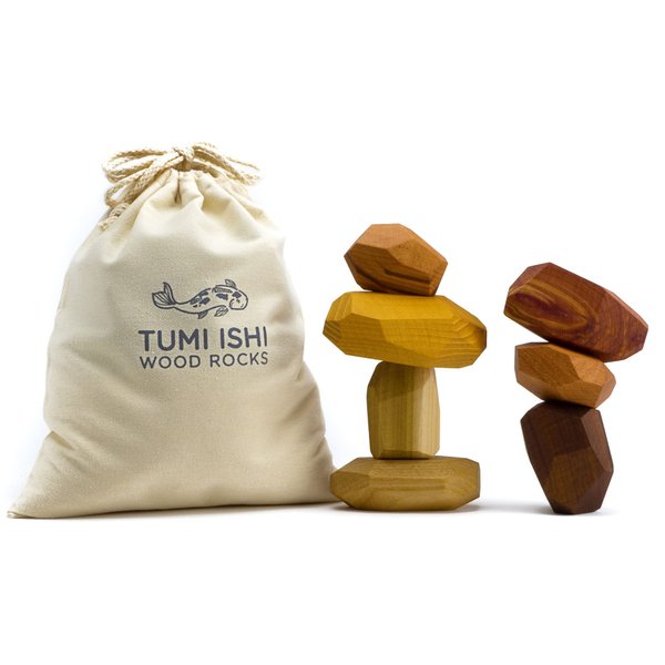Tumi Ishi 7 Piece Natural Wooden Balancing Block Set - Sensory Educational Natural Wood Toy Stacking Game - Mixed Wood Species - USA Made - Jojoba Oil Beeswax Finish - Wood Stone Building Blocks