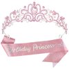SuPoo Pink Birthday Princess Birthday Sash and Crown Set Birthday Girl Crown Rhinestone Tiara for Women Crystal Headband Happy Princess Birthday Party Decorations Headpieces Hair Accessories