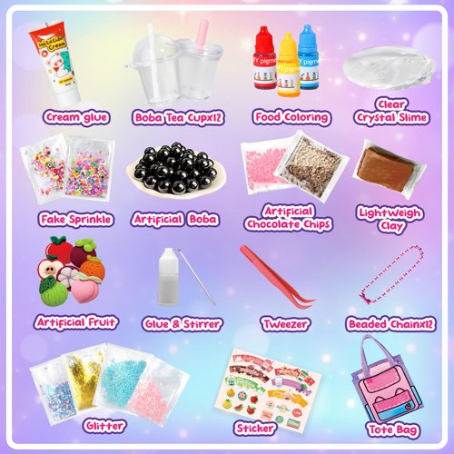 Trubic Slime Boba Tea Making Kit for Girls Ages 8-12, 12PCS Bubble Tea Cups, 500ml Clear Slime, 11 Slime Charms and More, DIY Sweet Slime Kit, Christmas & Easter Party Favors for Kids