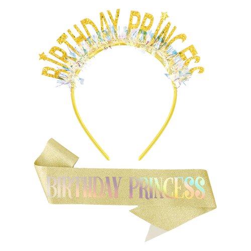 KICOSY Birthday Headbands and Sashes for Women Birthday Crown Tiara Birthday Sash for Girl Glitter Iridescent Fringe Birthday Princess Headband Happy Birthday Decorations Birthday Gifts for Girls