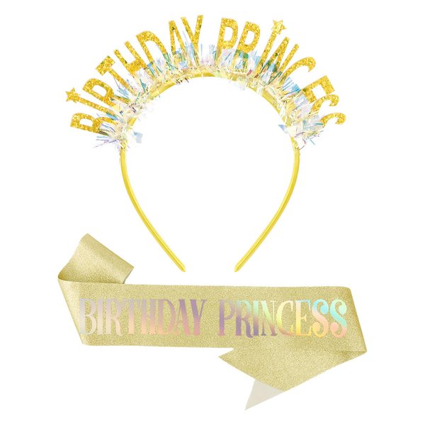 KICOSY Birthday Headbands and Sashes for Women Birthday Crown Tiara Birthday Sash for Girl Glitter Iridescent Fringe Birthday Princess Headband Happy Birthday Decorations Birthday Gifts for Girls