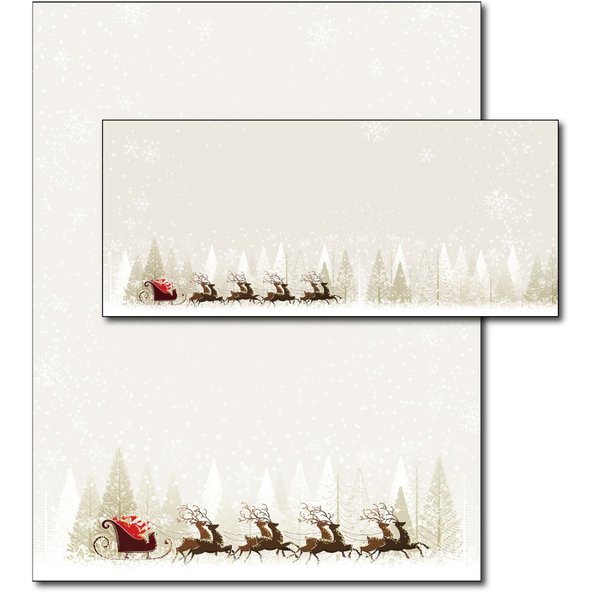 Santa & Reindeer Holiday Letterhead & Envelopes (40 Set Pack)