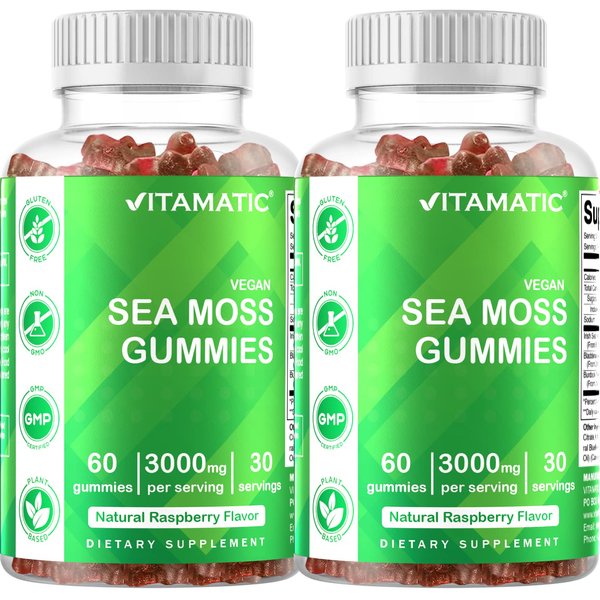 Vitamatic Irish Sea Moss Gummies - 3000 mg - 60 Vegan Gummies - Made with Bladderwrack & Burdock Root - Seamoss Supplement for Thyroid, Energy, Immune Support (60 Gummies (Pack of 2))
