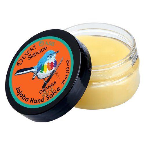 Orange Jojoba Oil Hand Salve. Over 50% Pure Organic Jojoba Oil. Moisturizes Hair, skin, face, hands, feet naturally. Softening formula with Organic Beeswax and Organic Avocado Oil.(2 oz/60gm)