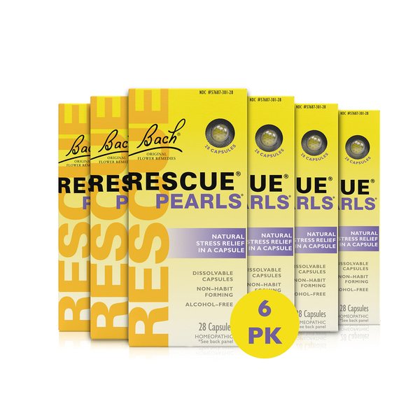 Bach RESCUE PEARLS, Natural Orange Vanilla Flavor, Natural Stress Relief, Homeopathic Flower Essence, Quick-Dissolve, Gluten & Sugar-Free, 6 pack, 28 Count Each