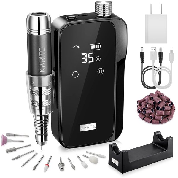KARITE Nail Drill for Acrylic Nails Professional, 35000RPM Portable Nail File, Electric Nail Drill Machine 24H Working Time, Coreless Motor and 12 Bits, for Nail Art Manicure Pedicure, Low Noise