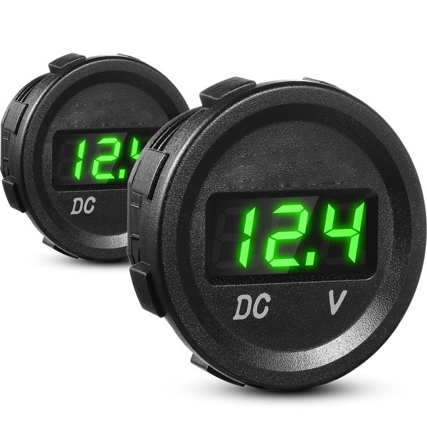 2 Pieces Direct Current 12V Car Voltage Gauge LED Display Waterproof Voltmeter Digital Round Panel Voltmeter Compatible with Vehicle Motorcycle Truck Camper ATV UTV Car Boat Marine (Green Digital)
