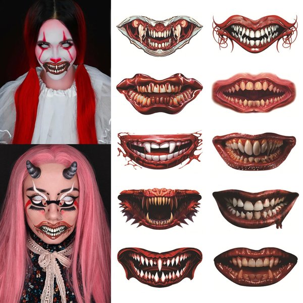 Halloween Clown Horror Mouth Tattoo Stickers Prank Makeup Waterproof Temporary Tattoos 10 Sheets Zombies Vampires Face Decals Prank Props for Cosplay Party DIY Decorations Masquerade Props
