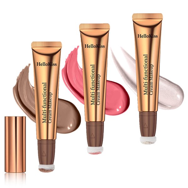 Paminify Contour Beauty Wand,Liquid Highlighter Makeup Stick Trio,Face Blush Wand with Cushion Applicator,Nourishing Bronzer Stick Highlight Illuminator,Cruelty-free,Medium+Pink Blush+Pearl White