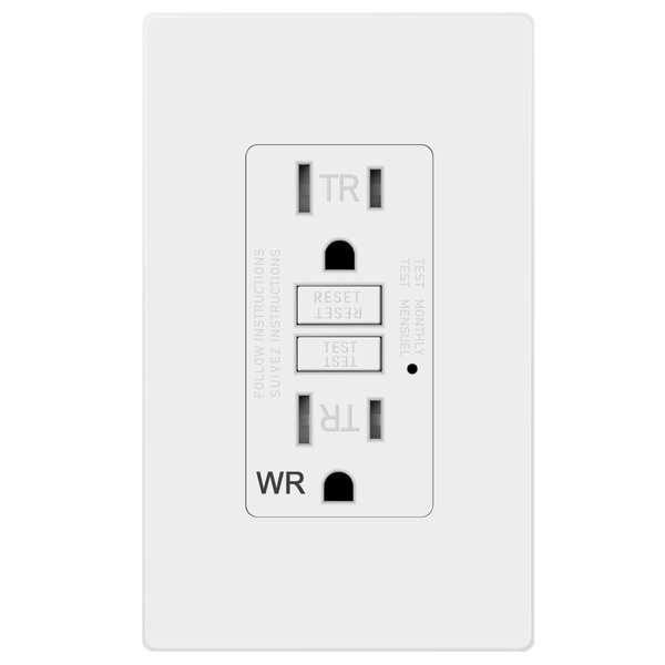 TOPELE 15 Amp GFCI Outlet 125 Volt Tamper-Resistant and Weather-Resistant, Receptacle, Indicator with LED Light, Nylon Wallplate and Screws Included,TR WR White, UL Listed