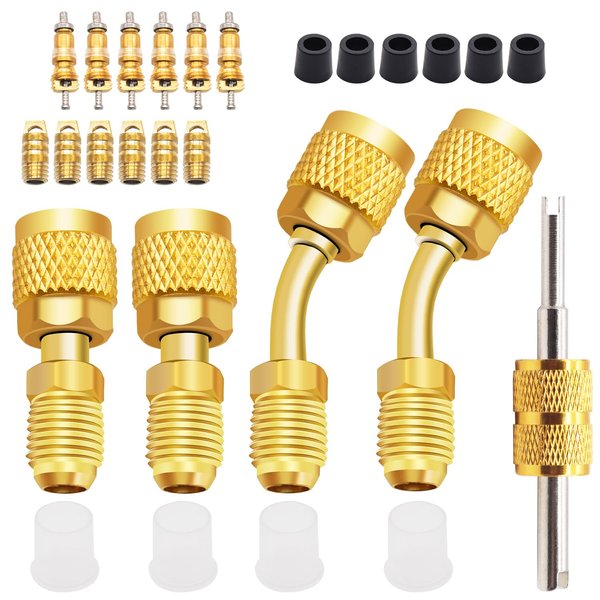 Aienxn R410A Mini Split Adapter, 5/16" Female to 1/4" Male Flare, Valve Core Remover, Hose Gasket, Pure Copper Silicone Valve Core, Charging Vacuum Port Adapter, for Air Conditioner and HVAC Q-067-set