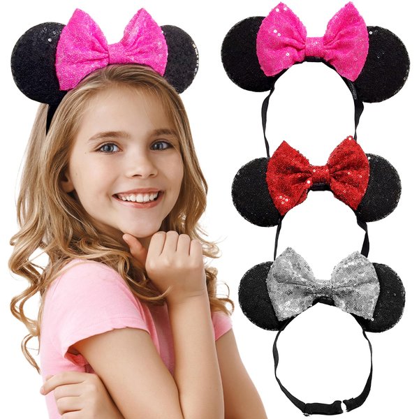 Minnie Ears Headbands with Shiny Sequin Bow (3PCS) - Mouse Ears For Girls and Women - Elastic Adjustable Headband Headache Free, Full Glitter