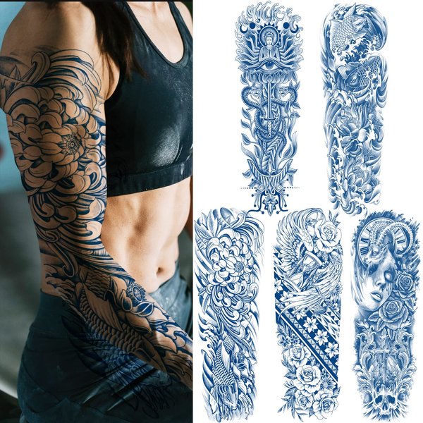 Aresvns Semi Permanent Sleeve Tattoo for Women and Men, Realistic Temporary Tattoos Full Arm Waterproof & Long-Lasting 2-3 Weeks Christmas Gift Blue