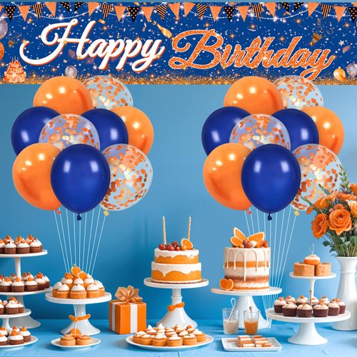 Blue and Orange Birthday Decorations Blue Orange Birthday Banner Yard Sign with 18 Pcs Balloons Orange Birthday Banner Sign Photography Banner Decor for Boys Girls Birthday Anniversary Party Supplies