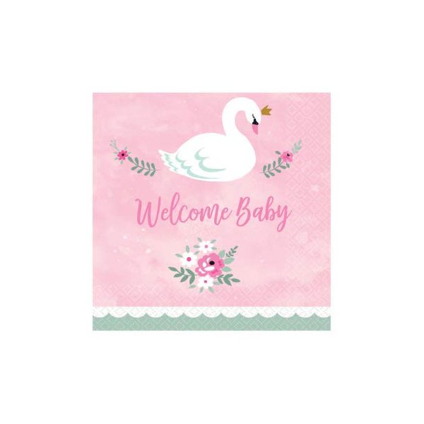 "Welcome Baby" Girl Baby Shower, Swan Beverage Napkins, 5" x 5", 16 Ct.