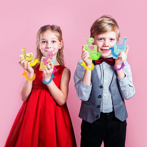 Valentines Day Cards for Kids- 24Pcs Dinosaur Valentines Cards with Glow In Dark Dinosaur Stretchy String Sensory Fidget Toys for Kids Valentines Party Favors Classroom Exchange Gifts School Supplies