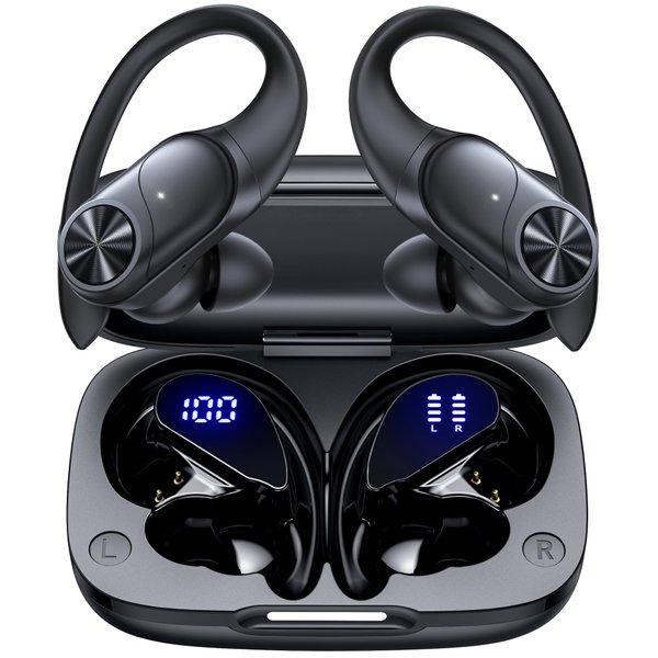 PocBuds Bluetooth Headphones Wireless Earbuds 80hrs Playtime Wireless Charging Case Digital Display Sports Ear Buds with Earhook Deep Bass IPX7 Waterproof Over-Ear Earphones for TV Phone Laptop Black