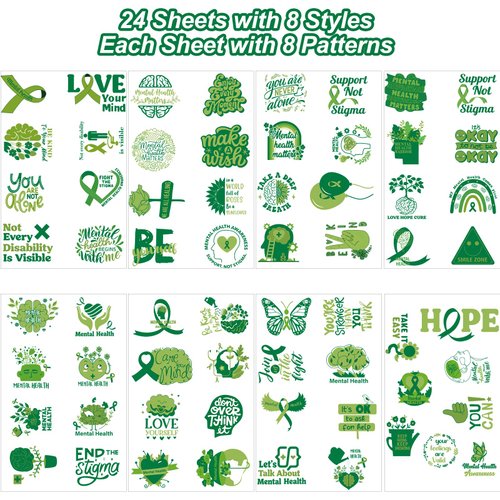 24 Sheet Motivational Mental Health Temporary Tattoos, Green Mental Health Awareness Tattoos, Inspirational Mental Health Stickers Mental Health Awareness Items for Gifting Event Rewards Lecture Party