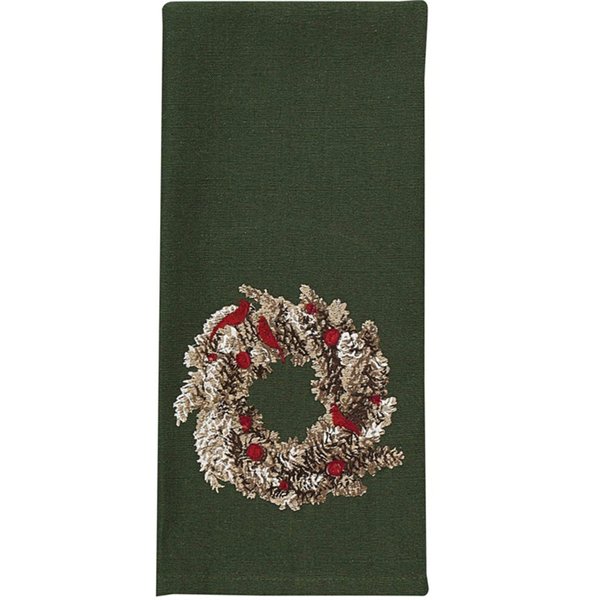 Pinecone Wreath Embroidered Dish Towel Pine Cone Red Bird