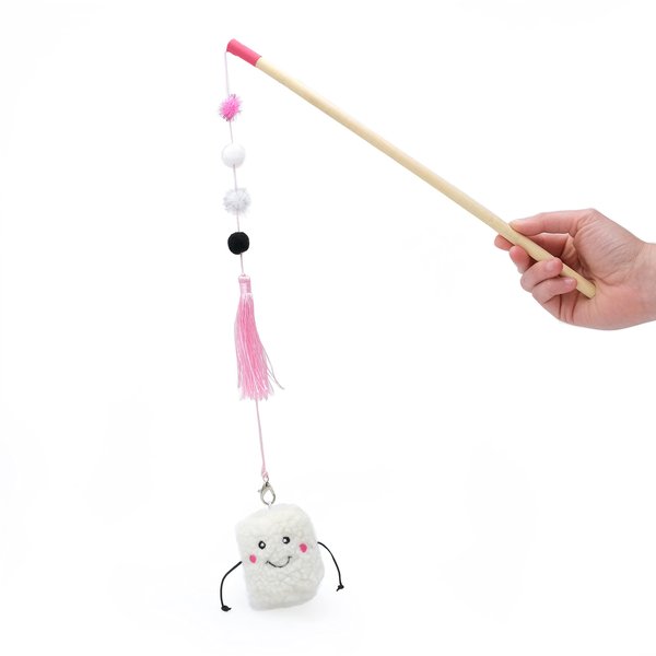 ZippyClaws Marshmallow ZippyStick - Interactive Cat Toy Wand for Indoor Cats & Kittens, Cute Kitty Toys for Boredom, Fun Teaser Stick with Feathered Tassles & Plush Dangling Toy