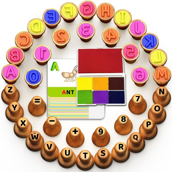 flycoost Wooden Alphabet Number Stamp Ink Pads Set for Kids, Montessori Learning Toys for 3, 4, 5 Year Olds,ABC Spelling Letter Number Stampers Flashcard Toys Preshcool Arts and Crafts Supplies